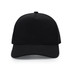 A black 5 panel sports mesh cap featuring a structured design and a curved brim, with a branding logo.