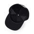 A black 5 panel sports mesh cap featuring a dotted inner lining and a button at the top, with a logo on the side.
