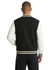 A men's unisex wool blend varsity jacket in black and white, featuring contrasting sleeves and a branded logo.