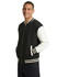 A black and white men's/unisex wool blend varsity jacket with a zip front and ribbed cuffs.