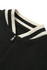 A black wool blend varsity jacket featuring a zip and cream-coloured ribbed collar with black stripes.
