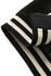 A close-up of a black and ivory striped collar of a wool blend varsity jacket. The fabric has a soft texture.