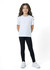 Kids' black leggings paired with a white t-shirt, featuring a logo on the shirt, worn by a girl with curly hair.