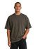 An oversized t-shirt in faded olive green fabric, featuring a relaxed fit and a logo on the side.