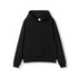 A black kangaroo pocket hoodie featuring a drawstring hood and long sleeves. It includes branding on the label.
