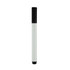A whiteboard marker with a black cap and a cylindrical white barrel, featuring a logo on the body.