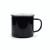 A black mug with a silver rim and a handle, featuring a polished finish and a circular opening.