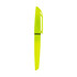 A highlighter pen in bright yellow, featuring a sleek design and a clip for easy attachment. It has a logo displayed.