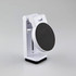 A white mobile phone stand featuring a round black base and adjustable arm for supporting devices.