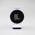 A white mobile phone stand with a black circular base featuring a logo. The design is sleek and modern.