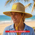 A straw beach hat with a yellow brim and chin strap, worn by a woman at the beach with palm trees in the background.