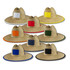 A collection of straw beach hats in various colours, each with a square area for branding.
