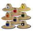 A collection of straw hats in various colours, featuring a logo on the front, arranged in a grid pattern.