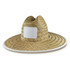 A straw beach hat with a wide brim, featuring a white logo area on the front. Natural straw colour with a white trim.