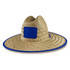 A straw beach hat with a wide brim and a blue trim, featuring a blank blue patch on the front.