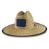 A straw beach hat featuring a wide brim and a navy trim. It has a square patch area for branding.