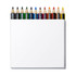 A set of 12 colouring pencils in various colours, arranged above a blank white packaging. The set features a logo.