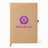 A tan A5 notebook featuring a purple logo on the front cover. The notebook includes a closure strap.
