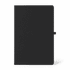A black A5 notebook with a smooth cover and a closure strap, featuring a logo on the front.