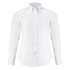 A white women's shirt with a button-up front and long sleeves, featuring a collar and a subtle logo.