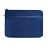 A navy neoprene laptop sleeve features a zippered pocket and a clean, smooth design. It includes a logo.