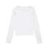 A white long-sleeve t-shirt with a round neckline and a logo on the label.
