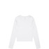A white long-sleeve organic ribbed T-shirt with a round neckline, featuring a logo on the label.