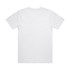 A white t-shirt with a round neckline and short sleeves, featuring a logo on the back.