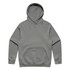 A grey hooded sweatshirt with a front pocket and a simple design. It features a logo.