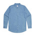 A blue denim shirt with long sleeves, button-up front, and a chest pocket. Features a brand logo.