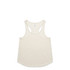 A cream racerback tank top with a rounded hem and a logo at the label.