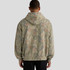A hooded sweatshirt in muted tones of green, brown, and pink featuring a camouflage pattern and a back view.