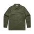 A green service jacket with a collared neckline and side pockets, featuring a logo on the chest.
