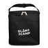 A black insulated cooler bag with a zip closure and a front pocket. It features a logo on the front.