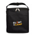 A black insulated bag with a zip closure and a front pocket, featuring a logo.