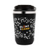 A drink bottle in matte black with a silver rim, featuring a playful design and a logo.