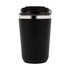 A black drink bottle with a silver band around the lid and a secure closing mechanism.