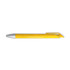 A yellow gel ink pen with a silver tip and a clip for easy attachment. Features a sleek design and branding.