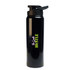 A black drink bottle with a black lid and a logo. The bottle features bold green and white lettering.