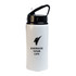 A drink bottle in white with a black lid and handle, featuring a logo and motivational text.