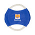 A blue dog toy with a rope handle and a logo featuring a cartoon dog.