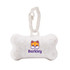 A white, bone-shaped dog waste bag holder featuring a logo and a clip for easy attachment.