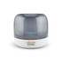 A compact grey and white speaker featuring a rounded design and a logo on the front.
