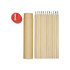 A set of long coloured pencils in a cardboard tube, featuring a red sharpener alongside the pencils.