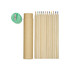 A set of long coloured pencils in natural wood, neatly arranged alongside a green sharpener in a tube.