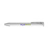 A gel ink pen in white with a silver clip and a branding logo printed on the barrel.