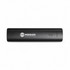 A black power bank with a logo and indicator lights, designed for charging devices.