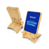 A bamboo phone stand with a blue logo and promotional text for the 2026 Expo, featuring a sturdy design.
