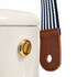A white Pavilion Cooler with a gold knob and a blue and white striped strap, featuring a brown leather tag.