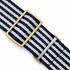 A navy and white striped belt featuring a gold buckle and silver metal detailing.